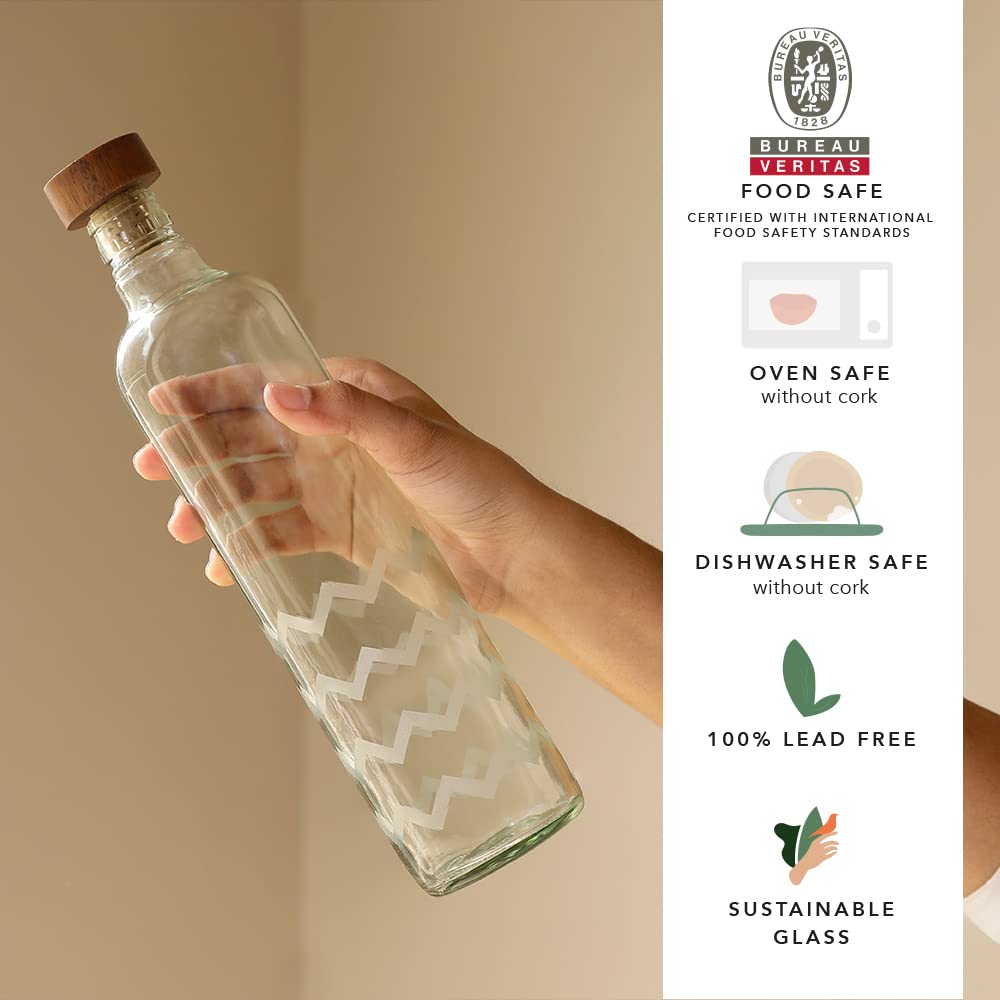 Ellementry frosted chevron glass bottle with brown wood stopper| 750 ml | Clear | Water Bottle | Milk Bottle | Juice Bottle | Cocktail Bottle | Handcrafted | Sustainable | Food Safe | Fusion |