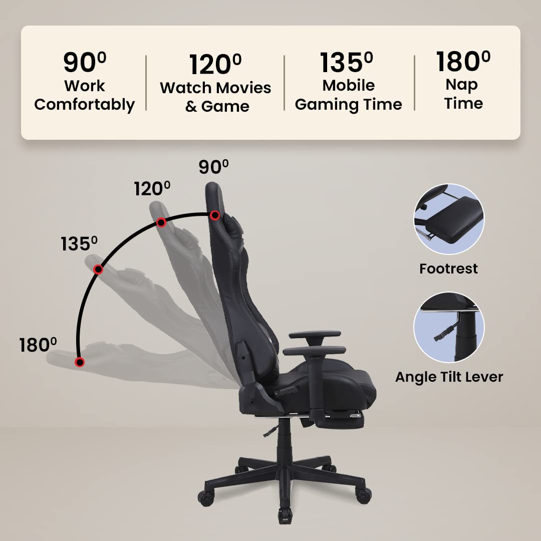 SAVYA HOME Thunder Ergonomic Gaming Chair with Adjustable Lumbar Support & Headrest, 3D armrest| Multifunctional Home & Office Chair | 180° Recliner Chair with footrest (Black)
