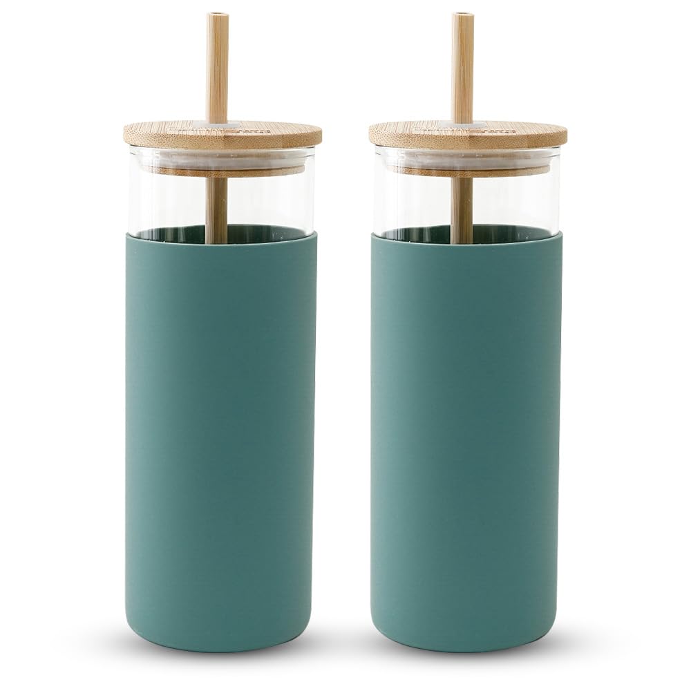 The Better Home Borosilicate Glass Tumbler with Lid and Straw 450ml | Water & Coffee Tumbler with Bamboo Straw & Lid | Leak & Sweat Proof | Durable Travel Coffee Mug with Lid (Teal-Pack of 2)