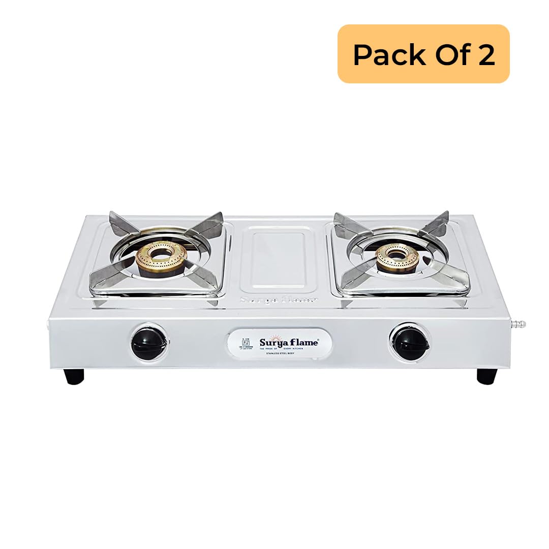 Surya Flame Venus Gas Stove 2 Burners | Manual LPG Stove With Stainless Steel Pan Support | Anti Skid Rubber Legs - 2 Years Complete Doorstep Warranty(Pack of 2)