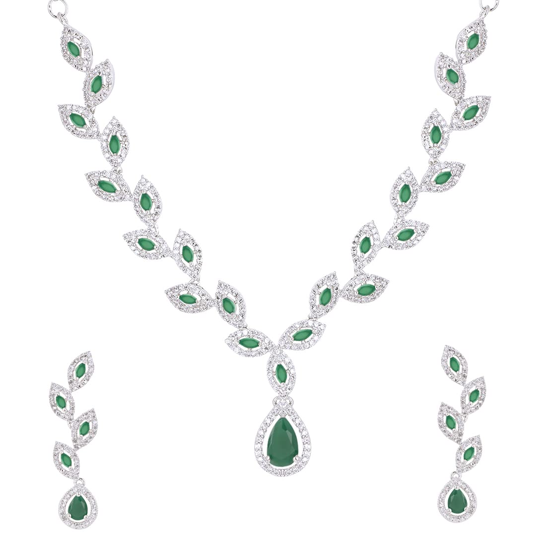 Yellow Chimes Classic Style AD/American Diamond Studded White Rhodium Plated Green Leaf Design Necklace Set Jewellery Set for Women and Girls