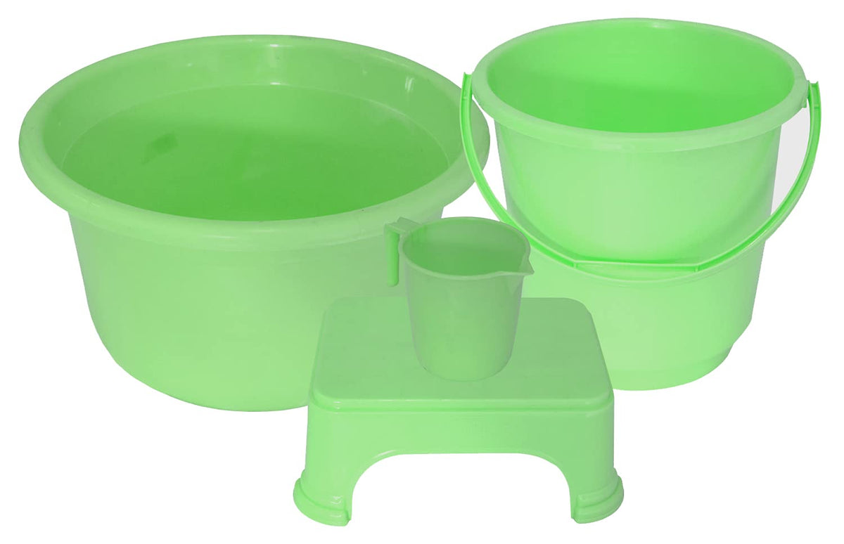 Kuber Industries 4 Pieces Plastic Bucket, Stool, Mug & Tub Set (Green)