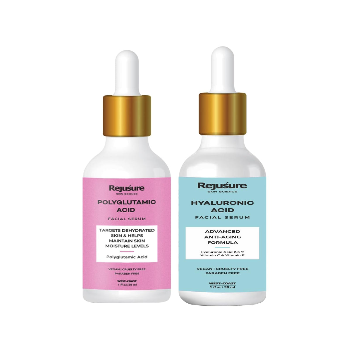 Rejusure Hydration Boost Duo | Hyaluronic Acid Facial Serum (30ml) & Polyglutamic Acid Facial Serum (30ml) - Intense Moisture and Plumping for Supple, Youthful Skin