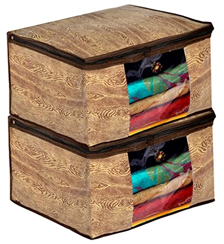 Kuber Industries Wooden Print 2 Piece Non Woven Fabric Saree Cover Set with Transparent Window, Extra Large (Brown)