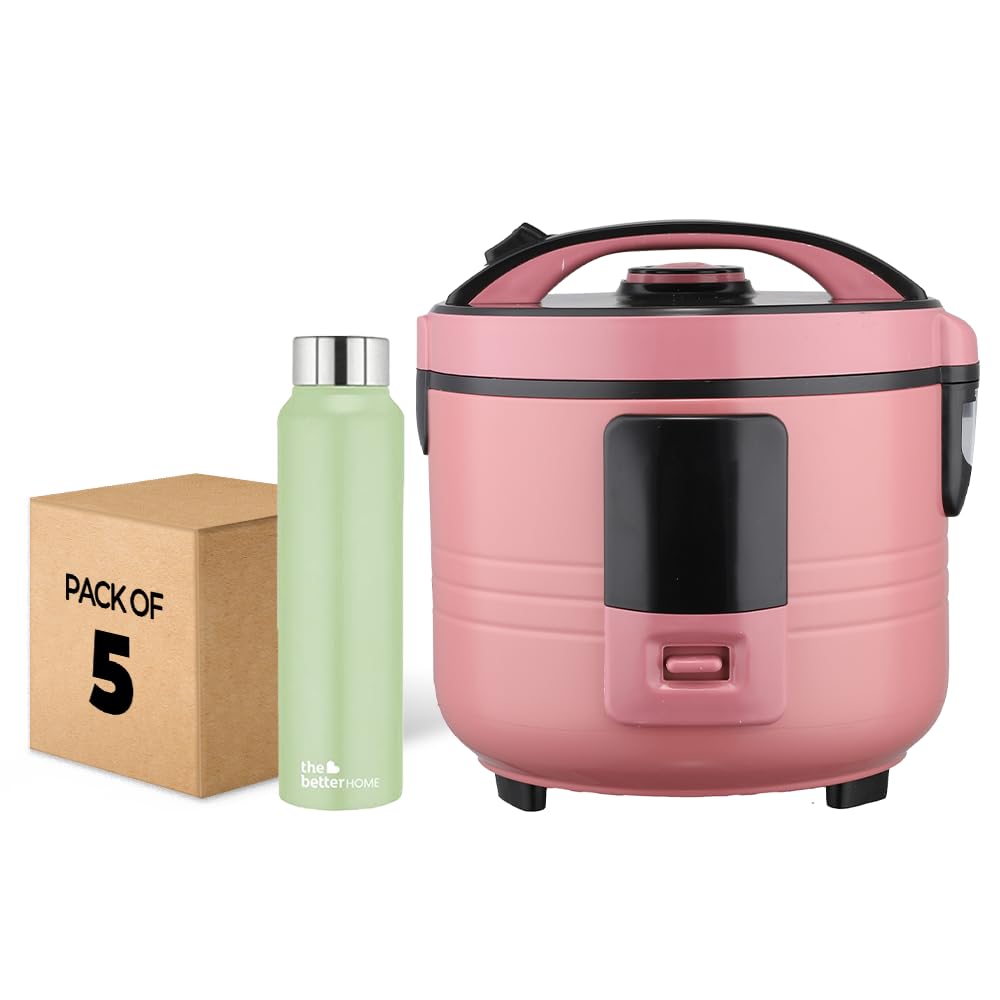 The Better Home FUMATO Cookeasy Automatic 500W Electric Rice Cooker 1.5L Pink & Stainless Steel Water Bottle 1 Litre Pack of 5 Green