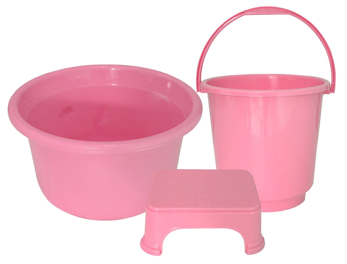 Kuber Industries 3 Pieces Plastic Bucket, Stool & Tub Set (Pink)