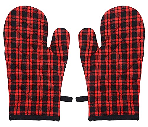 Kuber Industries Check Design Heat Resistant Cotton Kitchen Oven Mitt Microwave Glove Set, Non-Slip Grip and Hanging Loop for Kitchen, Cooking, Baking, Set of 2 (Multi), (Model: HS_37_KUBMART020608)