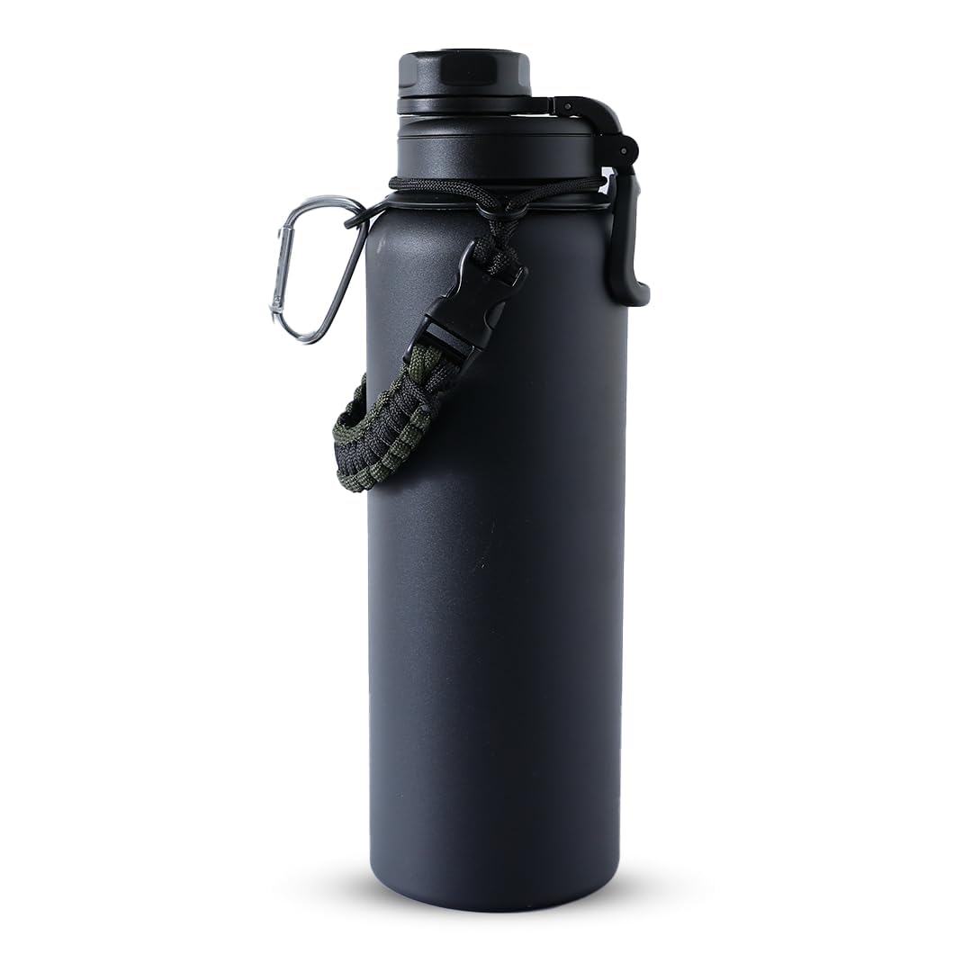 The Better Home Insulated Water Bottle for Gym Kids Office|Thermos Stainless Steel Vacuum Insulated Flask with Rope and Carabiner Hot Water Bottle for Boys and Girls | 1.2 Litre (Black)