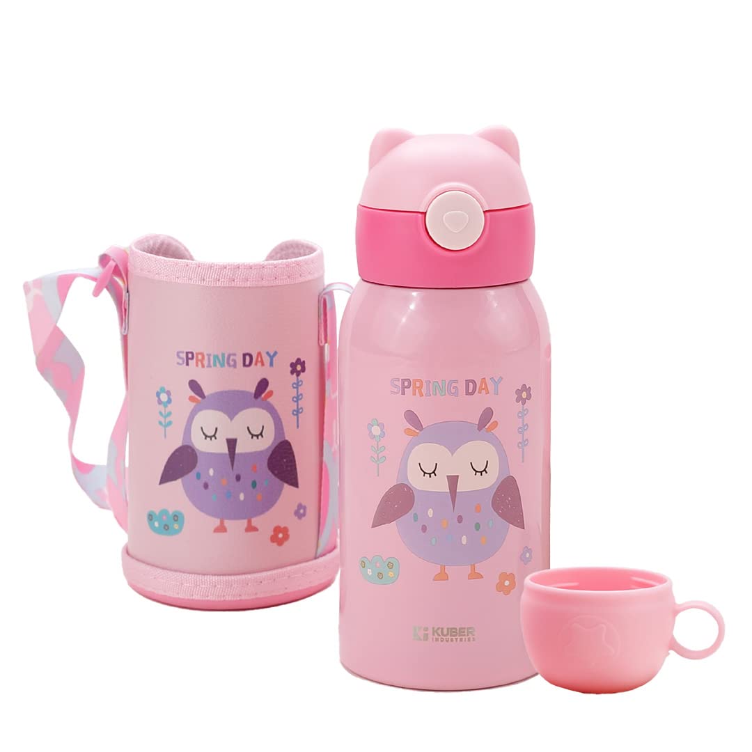 Kuber Industries Water Bottle for Kids, Owl Design Stainless Steel Flask with Straw, Cup & Fabric Cover, Sipper, Food Grade Plastic Lid, Broad Fabric Strap, Leak Proof, BPA Free, 500 ml, Pack of 1