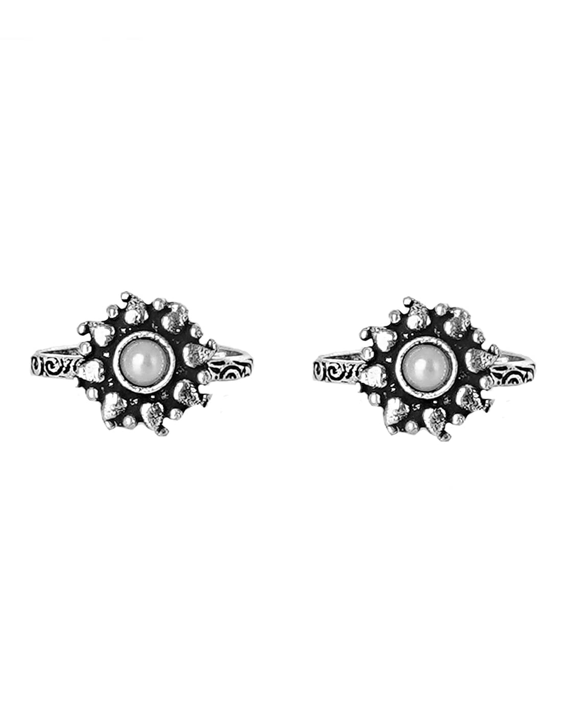 TEEJH Miraya White Stone Silver Oxidised Toe Rings for Women