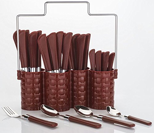 Planet Cutlery Set/Spoon Set/Spoon Stand for Kitchen and Dining - 25 Pieces - Brown, Stainless Steel, Virgin Plastic