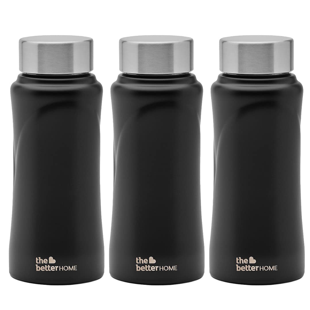 The Better Home Stainless Steel Water Bottle 500ml (Pack of 3) | Water Bottle for Kids and Adults | Rust Proof, Light Weight & Durable 500ml Water Bottle | Black…