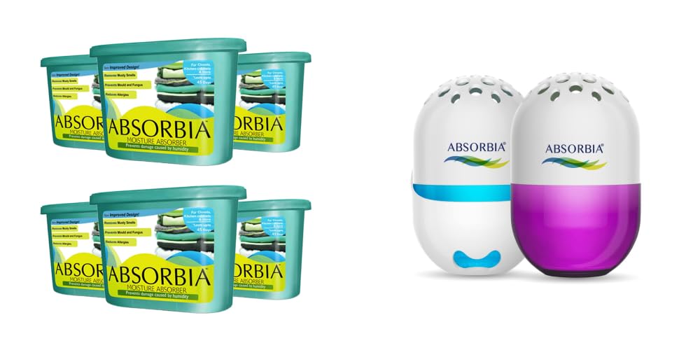 Absorbia Moisture Absorber Classic Box - Pack of 6 (600ml Each)|Dehumidier for Wardrobe, Cupboards Closets & Absorbia Golf Gel Air Freshener - Pack of 2 (100g X 2 pcs)|Water based, Low VOC & pDCB free