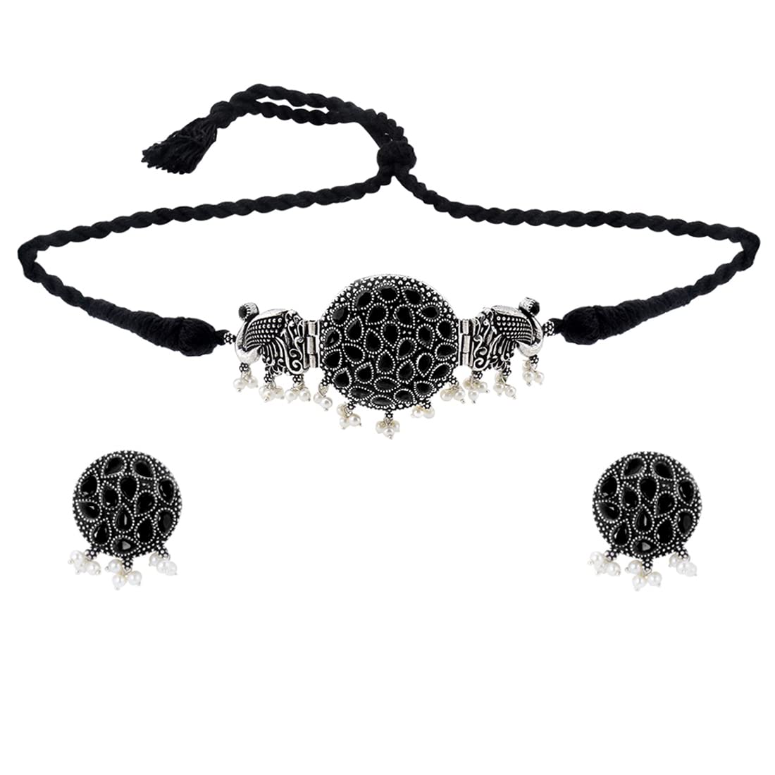 Yellow Chimes Ethnic German Silver Oxidised Studded Black Stone Peacock Design Threaded Choker Necklace Set Traditional Jewellery Set for Women and Girls