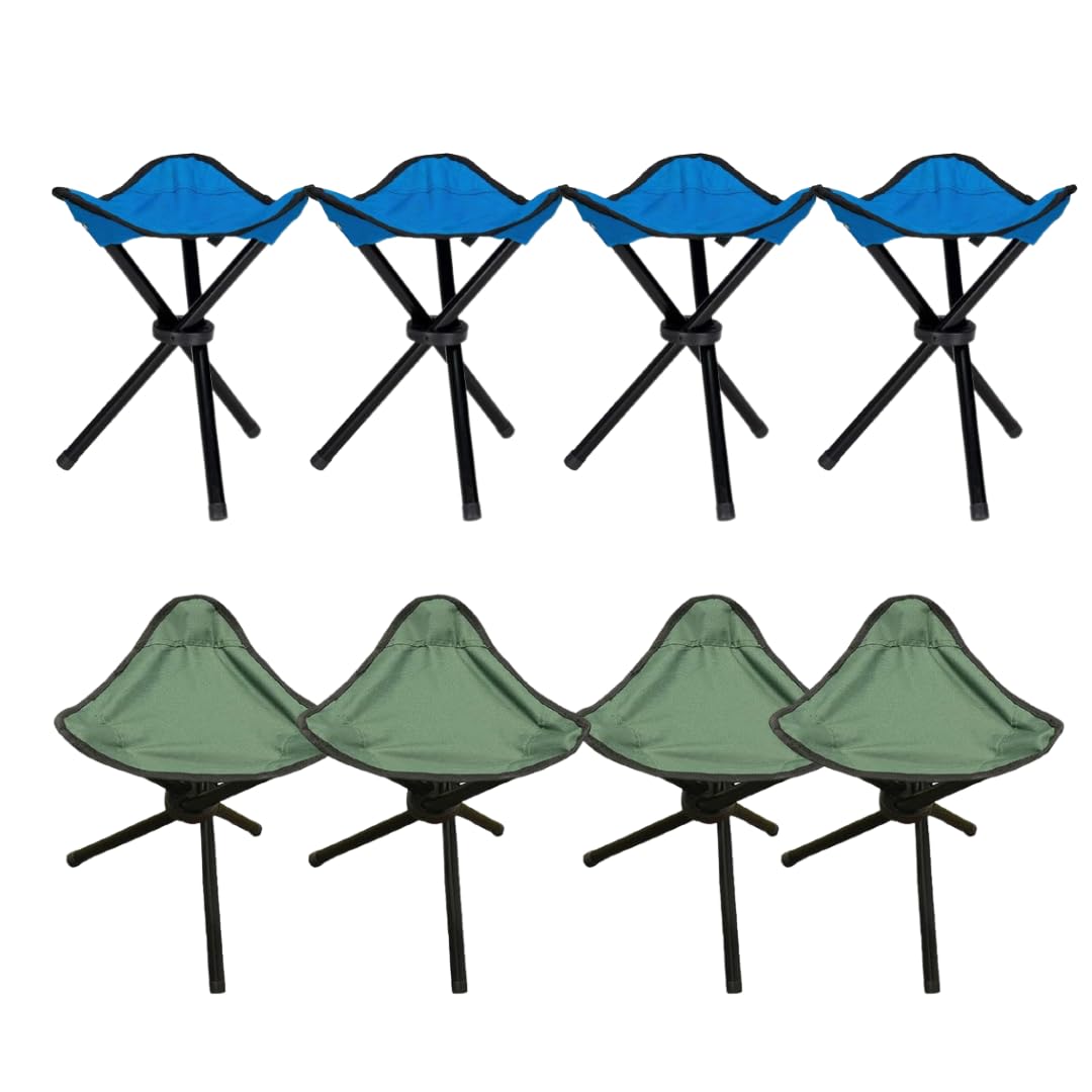 Kuber Industries Set of 8 Portable Stools for Travelling | Foldable Outdoor Sitting Chair | Tripod 3 Leg Chair for Camping, Picnic, Hiking | Blue(4) & Green(4)