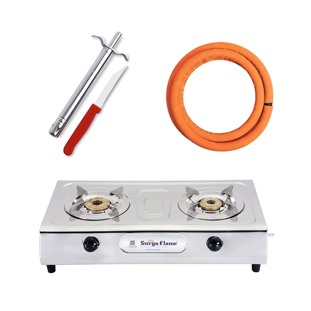Surya Flame Ultimate Gas Stove 2 Burners Manual PNG Stove | LPG Gas Dual Layer Rubber Hose Pipe 1.5M | Premier Stainless Steel Gas Lighter with Knife