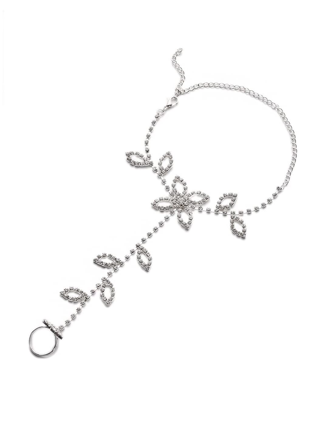 Yellow Chimes Ring Bracelet for Women and Girls Bracelet With Ring for Girls | Silver Toned Leaf Designed Ring Bracelet | Birthday Gift For Girls and Women