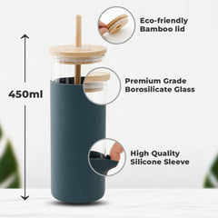 The Better Home Borosilicate Glass Tumbler with Lid and Straw 450ml | Water & Coffee Tumbler with Bamboo Straw & Lid | Leak & Sweat Proof | Durable Travel Coffee Mug with Lid (Dark Grey)