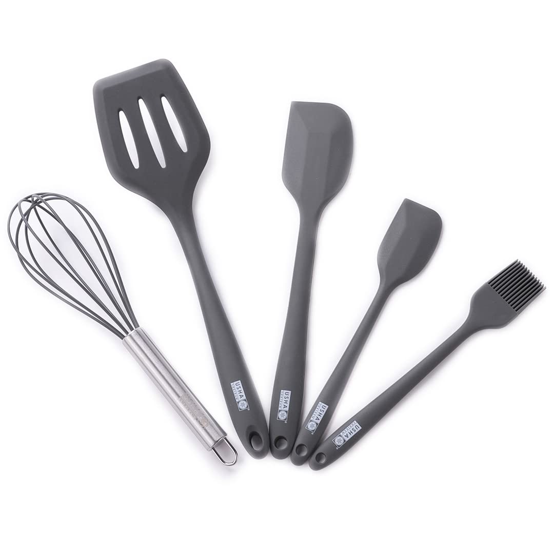 USHA SHRIRAM Silicon Spatula Set for Non-Stick Pans (5Pcs) | Heat Resistant, Durable, Cookware Set | BPA Free & Odourless| Non-Stick Utensil Set for Cooking