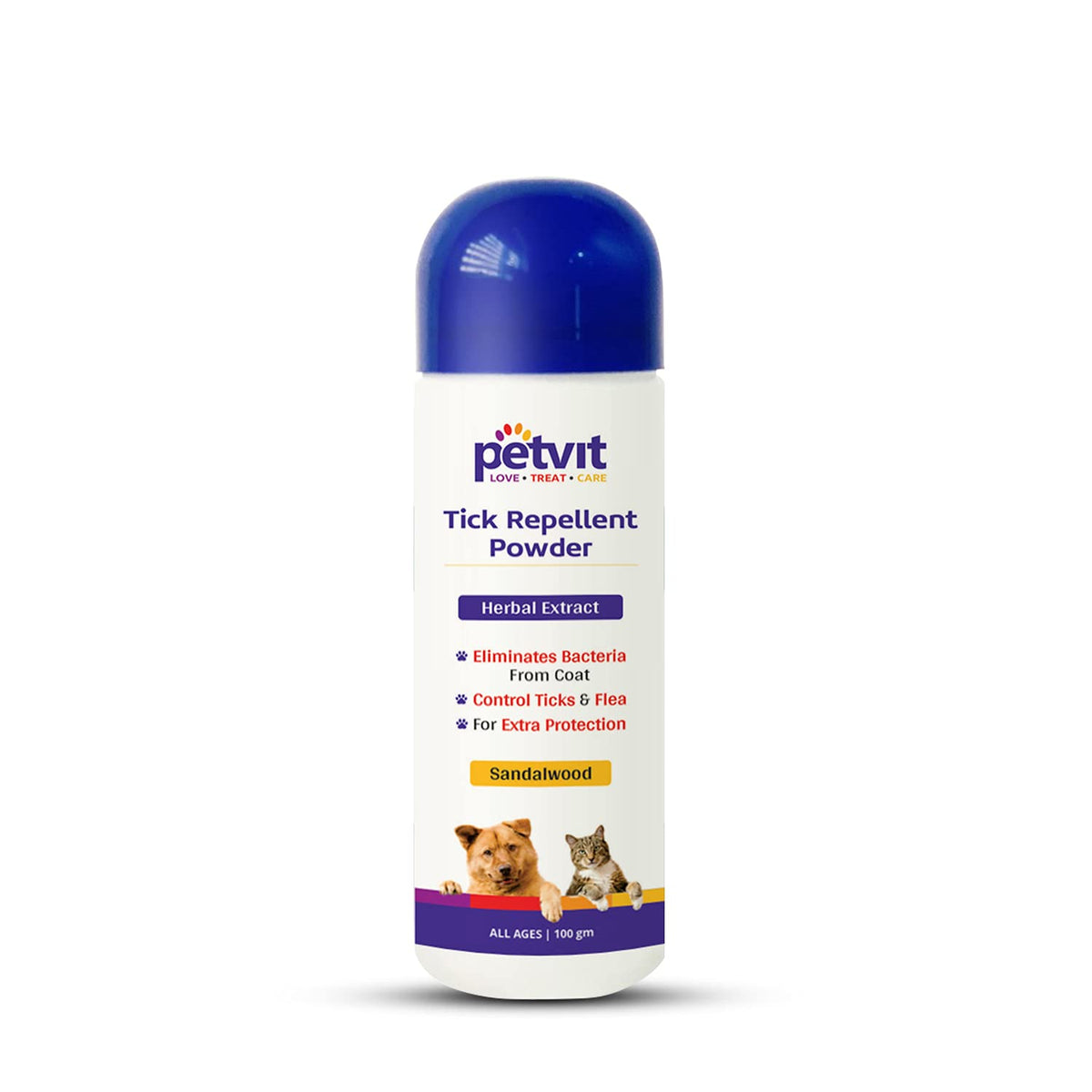 Petvit Tick Repellent Powder with Sandalwood & Bakuchi | Defense Against Ticks and Fleas | Relieves Itching Fungal Infections - 100gm