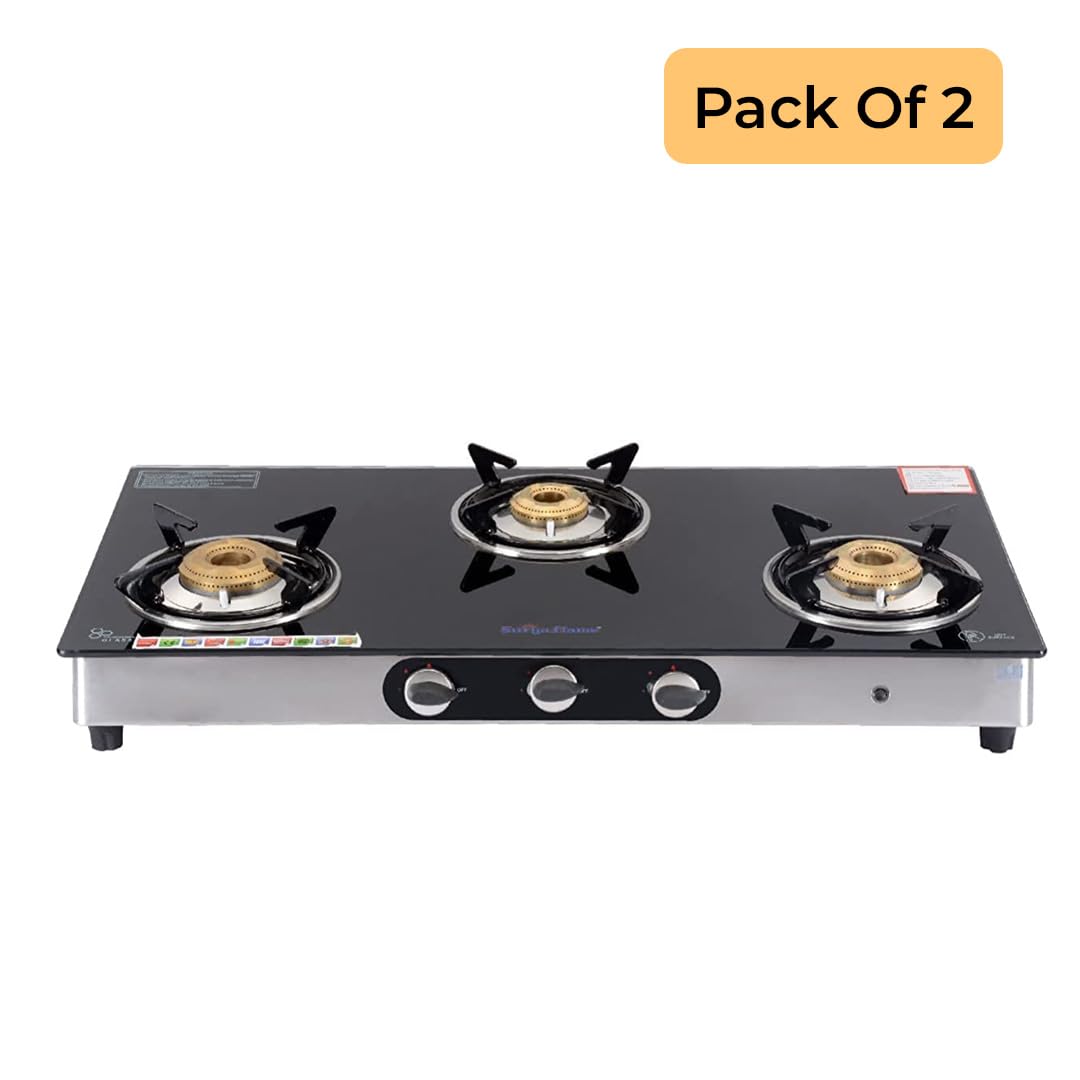 Surya Flame Supreme Gas Stove 3 Burners Glass Top | Stainless Steel Body | LPG Stove with Jumbo Burner & Spill Proof Design - 2 Years Complete Doorstep Warranty(Pack of 2)