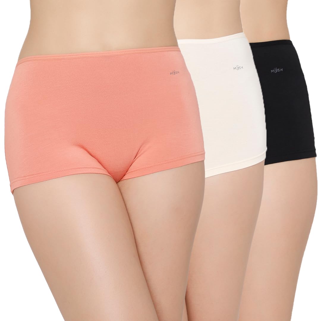 Mush Womens Ultra Soft High Waist Bamboo Modal Boyshorts || Breathable Panties || Anti-Odor, Seamless, Anti Microbial Innerwear (XL - Pack of 3, Peach, Beige & Black)