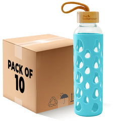 The Better Home Borosilicate Glass Water Bottle with Sleeve 550ml | Non Slip Silicon Sleeve & Bamboo Lid | Water Bottles for Fridge | Light Blue (Pack of 10)