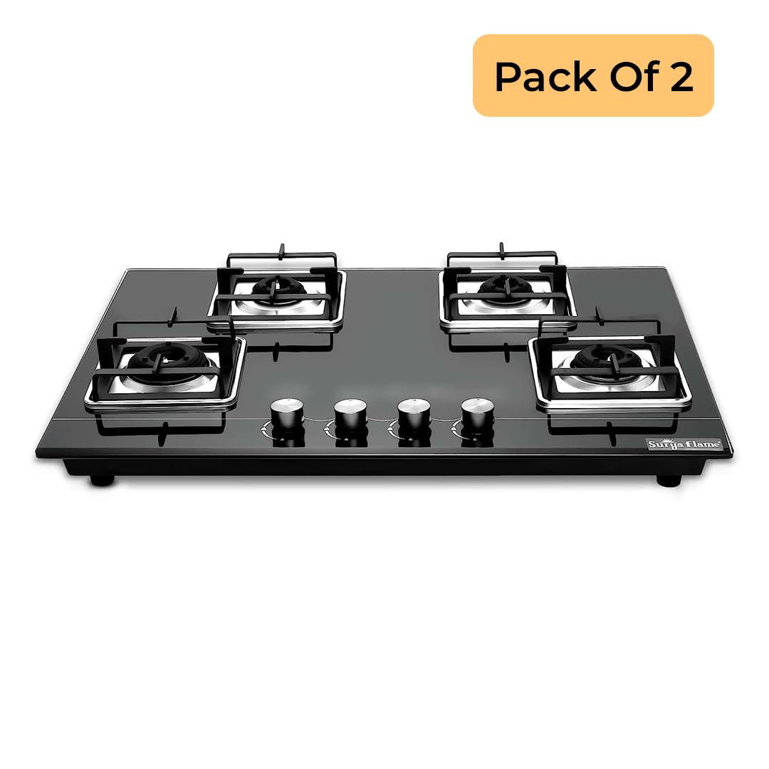 Surya Flame ADORE 4 Burner Glass Top, Black Body LPG Stove with 69% Thermal Efficiency - 2 Years Complete Doorstep Warranty(Pack of 2)