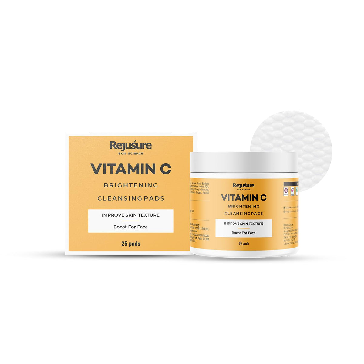 Rejusure Vitamin C Brightening Cleansing Pads Improve Skin Texture & Boost for Face | Enrich with Vitamin C and Niacinamide | Women & Men | Cruelty Free & Dermatologist Tested - 25 Pads