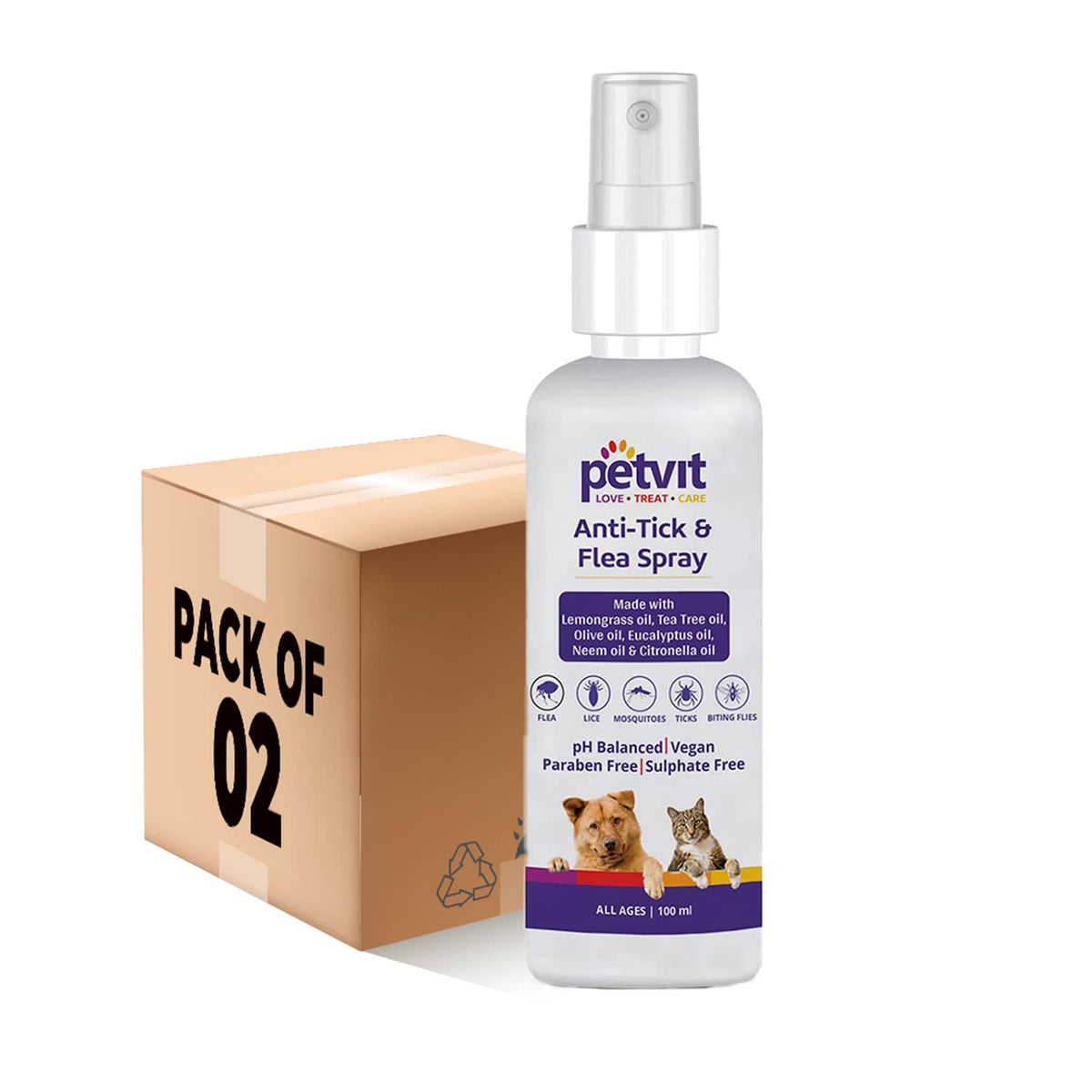 Petvit Tick Spray for Dogs | Ticks and Fleas Remover for Dogs | Dog Ticks Remover | Dog tick Spray | Tea Tree Oil | Neem Oil | Anti tick Spray for Dog - 100ml (Pack of 2)