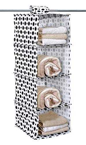 Kuber Industries Dot Print Non Woven Hanging 4 Shelves Foldable Wardrobe/Closet Cloth Organizer (Black & White)-KUBMART15338