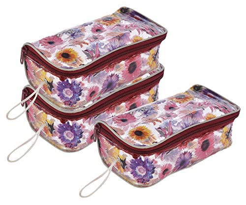 Kuber Industries Flower Printed Tranasparent PVC Makeup Organizing Bag, Travel Toiletry Pouch With Carrying Strip- Pack of 3 (Multicolor)-44KM0600