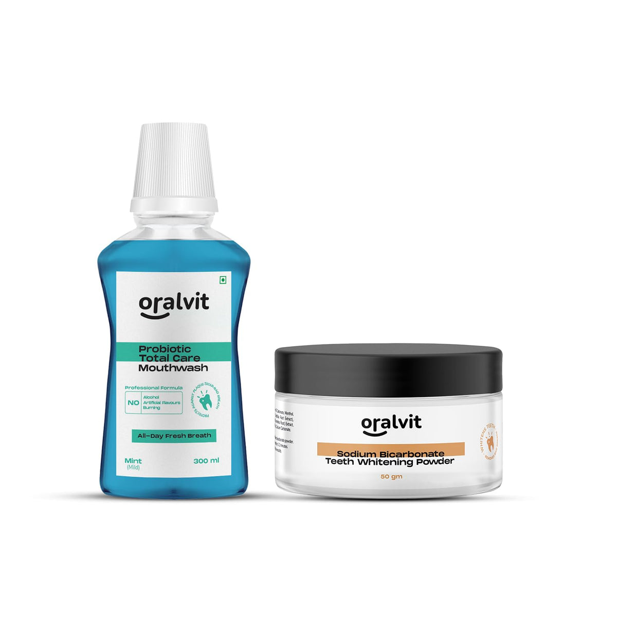 Oralvit Mouth Freshner Combo | Total Care Mouthwash & Sodium Bicarbonate Teeth Whitening Powder | For Dental Hygiene and Freshness - Mint  (300ml, 50g)