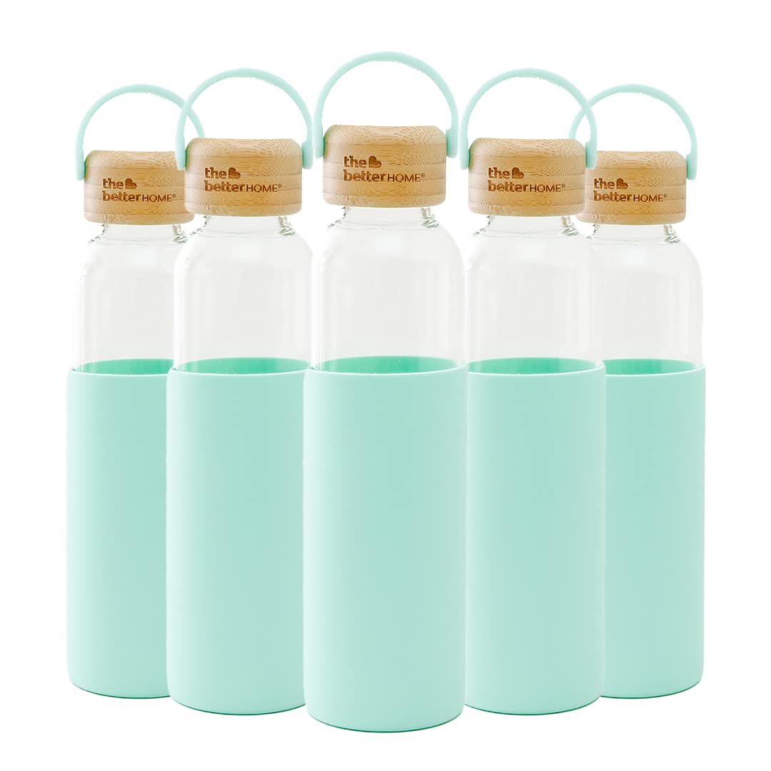 The Better Home Borosilicate Glass Water Bottle with Sleeve (500ml) | Non Slip Silicon Sleeve & Bamboo Lid | Fridge Water Bottles for Men, Women & Kids | Water Bottles for Fridge | Green (Pack of 5)