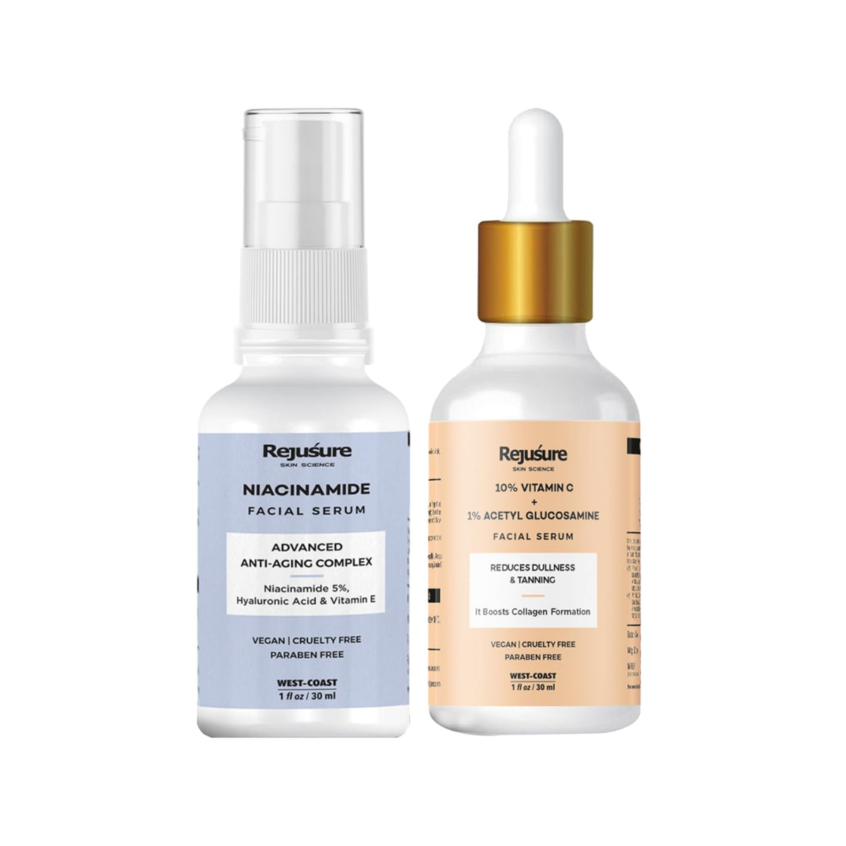 Rejusure Skin Brightening Duo | 5% Niacinamide Facial Serum (30ml) & 10% Vitamin C + 1% Acetyl Glucosamine Facial Serum (30ml) - Radiant Complexion and Even Skin Tone