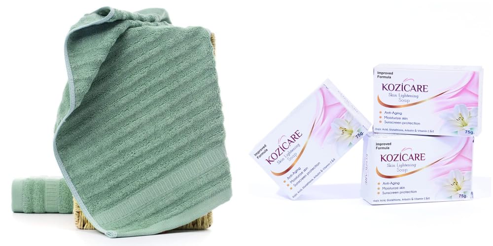 Kozicare Skin Lightening Soap (pack of 3) and Bamboo Hand Towel (Set of 2) (Olive Green) | Soap combo pack offer | Bathroom accessories | Hand towel and soaps for men and women