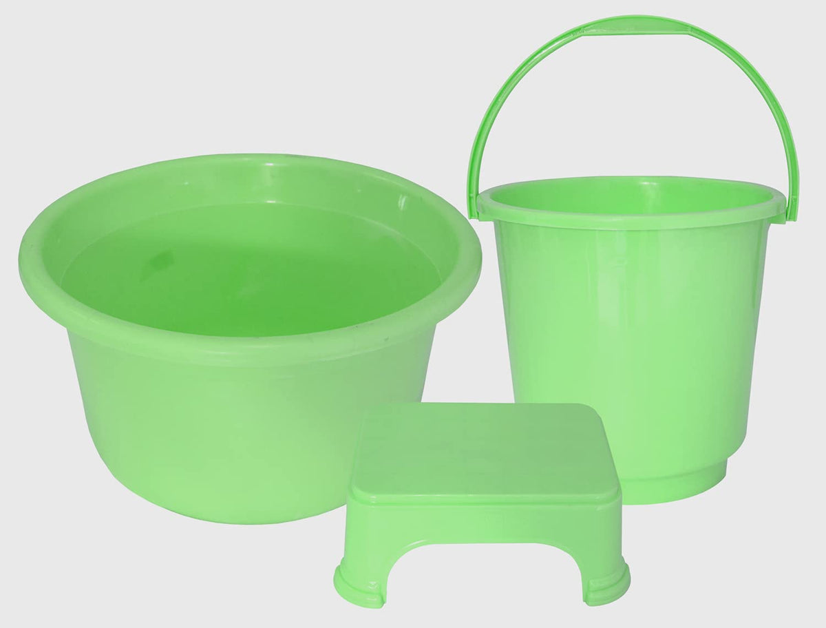 Kuber Industries 3 Pieces Plastic Bucket, Stool & Tub Set (Green)