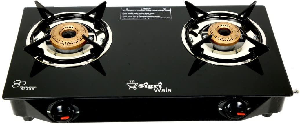 SigriWala Manual Gas Stove 2 Burner, Thermal Tempered Glass Cooktop, LPG Compatible, Black (ISI Certified, Door Step Service, 300 Days Warranty)