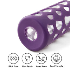 The Better Home Borosilicate Glass Water Bottle with Sleeve (550ml) | Non Slip Silicon Sleeve & Bamboo Lid | Water Bottles for Fridge | Purple (Pack of 20)