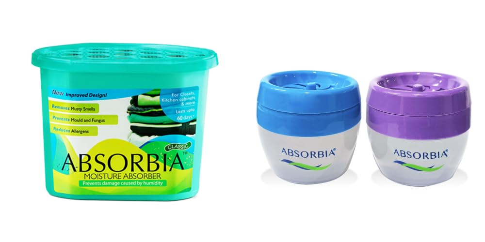 Absorbia Moisture Absorber Classic (Absorbs 600ml Each)|Dehumidier for Wardrobe, Cupboards,Closets & Aviator Car Gel Air Freshener - Pack of 2(125g X 2) with frag. of Blue Wave & Tropical Joy