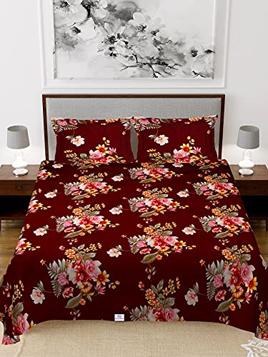 Heart Home Flower Print Glace Cotton Double Bedsheet with 2 Pillow Covers (Maroon), Full (HS_36_HEARTH019548)