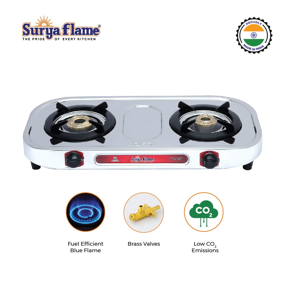 Surya Flame Costa Gas Stove 2 Burners | Stainless Steel Body | Manual LPG Stove | Sleek Body Design With Anti Skid Rubber Legs - 2 Years Complete Doorstep Warranty(Pack of 2)