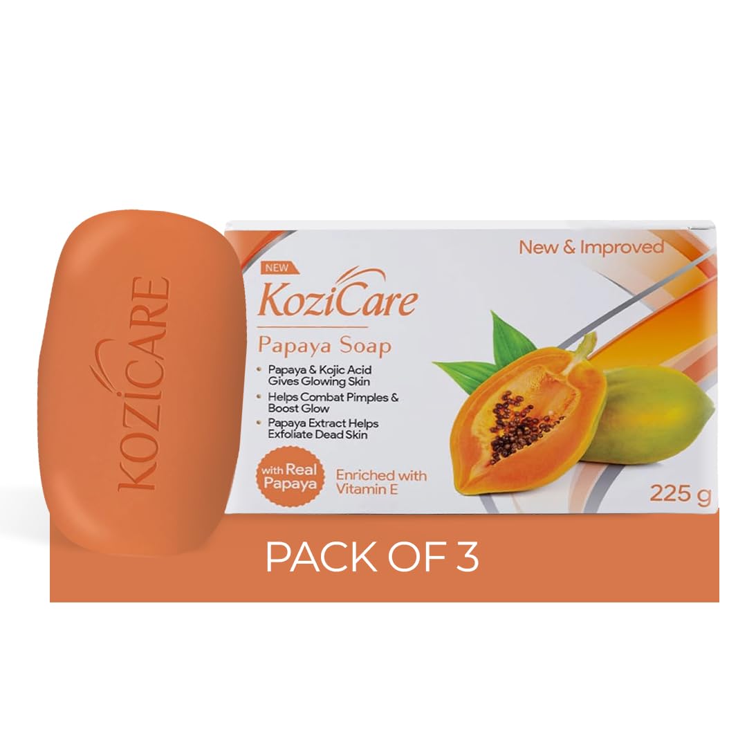 Kozicare Papaya Soap | Dark Spot Remover & Glowing Skin | Kojic Acid, Olive Oil & Papaya Extract | Moisturizing for Face & Body | Natural Brightening Papaya Soap for Men & Women – 75gm (Pack of 3)