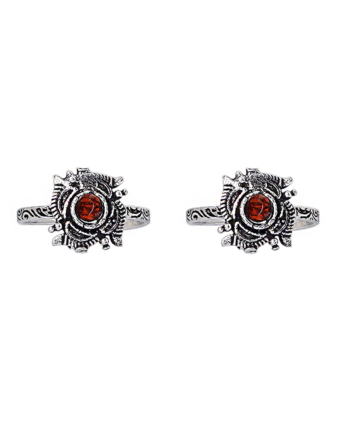 TEEJH Niya Red Stone Silver Oxidised Rings for Women