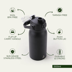 U Insulated Stainless Steel Bottle 1 litre with Sipper Lid-Double Wall Vacuum Thermos | Leak Proof | Rust Proof | Keeps Drinks Hot/Cold for 6-12 Hours | Flip Up Handle | Easy to Carry (Black) (Pack of 2)