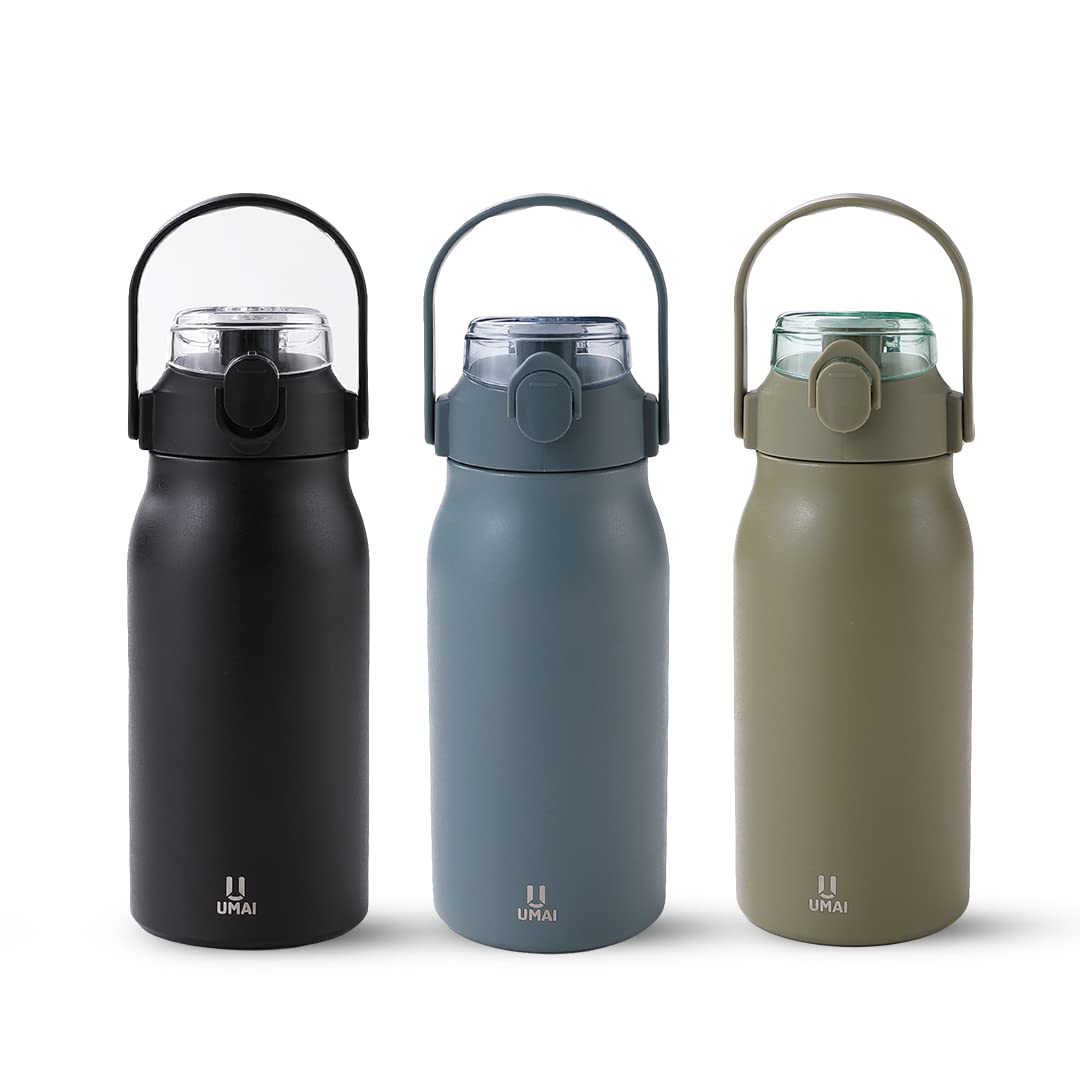 Umai Insulated Stainless Steel Bottle 1 Litre Sipper Lid-Double Wall Vacuum Thermos|Leak & Rust Proof|Keeps Drinks Hot/Cold for 6-12 Hours|Flip Up Handle|Easy to Carry (Black|Blue Green, Pack of 3)