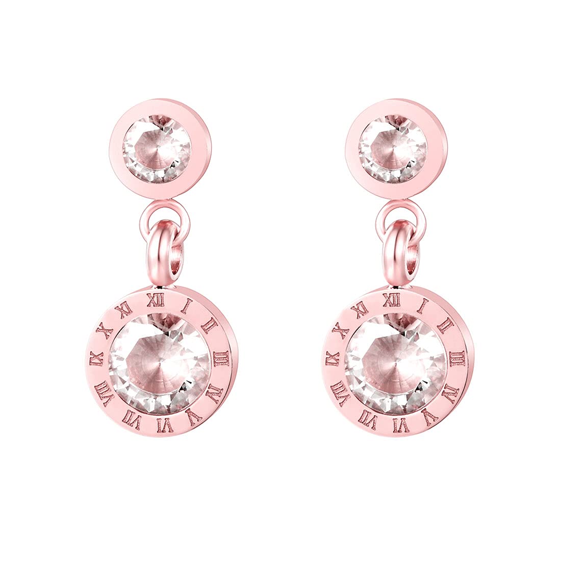 Yellow Chimes Crystal Earrings for Women Western Style Rose Gold Plated Stainless Steel Roman Numericals Engraved Crystal Drop Earrings for Women and Girls