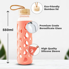 The Better Home Borosilicate Glass Water Bottle with Sleeve (550ml) | Non Slip Silicon Sleeve & Bamboo Lid | Water Bottles for Fridge (Pack of 2) (Coral)