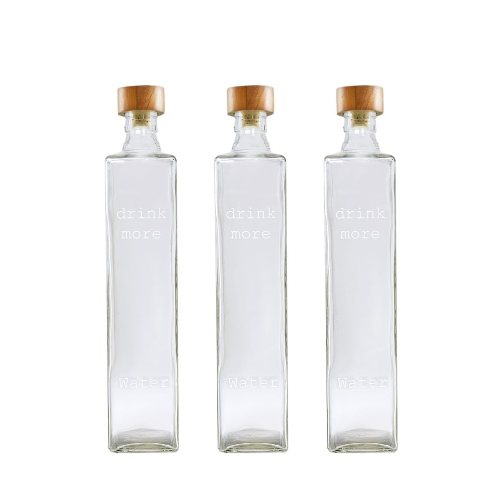 Ellementry Drink More Glass Bottle with Cork (750 ML)| Water and Milk Bottle for Fridge | Clear and Transparent Bottles for Home & Office | BPA Free | Stylish and Premium Wine Bottle- Set of 3