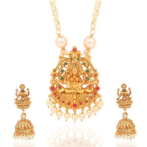 Yellow Chimes Ethnic Temple Jewellery Set Gold Plated Lakshmi Haram Jewelry Set Traditional Moti Necklace Set for Women & Girls